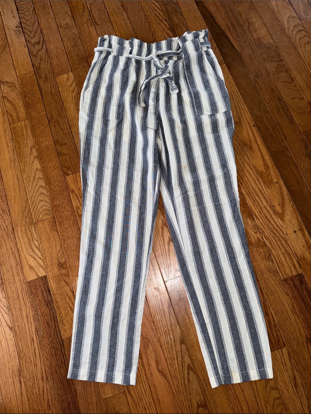 FAVLUX Navy and White Vertical Stripe Paper Bag Drawstring Chinos